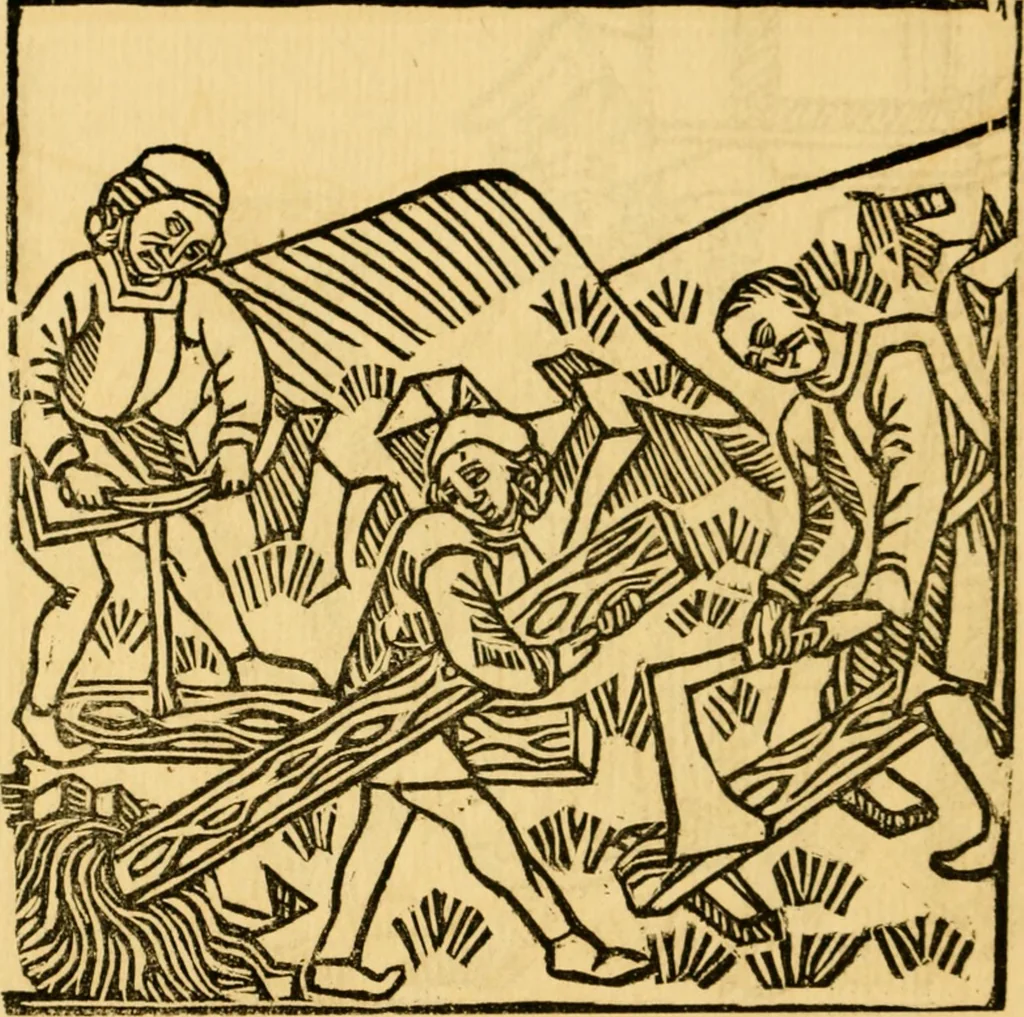 An illustration from The legendary history of the cross : a series of sixty-four woodcuts from a Dutch book published by Veldener, A.D. 1483 ; with an introduction written and illustrated by John Ashton ; preface by S. Baring Gould, 1887, leaf 155