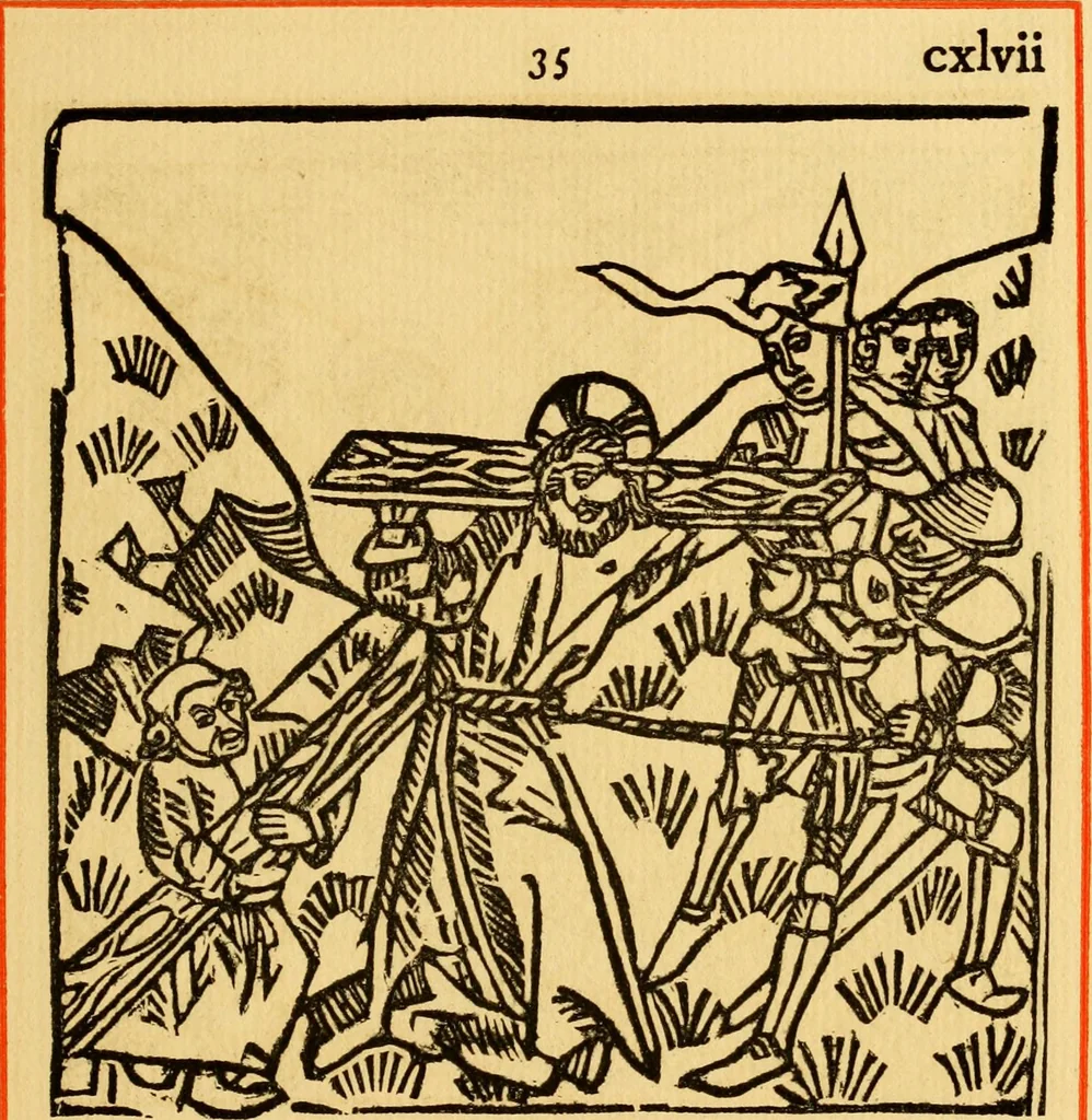 An illustration from The legendary history of the cross : a series of sixty-four woodcuts from a Dutch book published by Veldener, A.D. 1483 ; with an introduction written and illustrated by John Ashton ; preface by S. Baring Gould, 1887, leaf 156