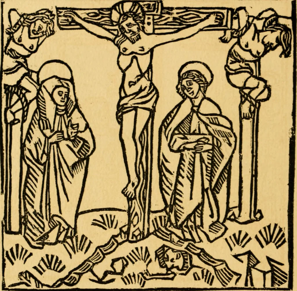 An illustration from The legendary history of the cross : a series of sixty-four woodcuts from a Dutch book published by Veldener, A.D. 1483 ; with an introduction written and illustrated by John Ashton ; preface by S. Baring Gould, 1887, leaf 157