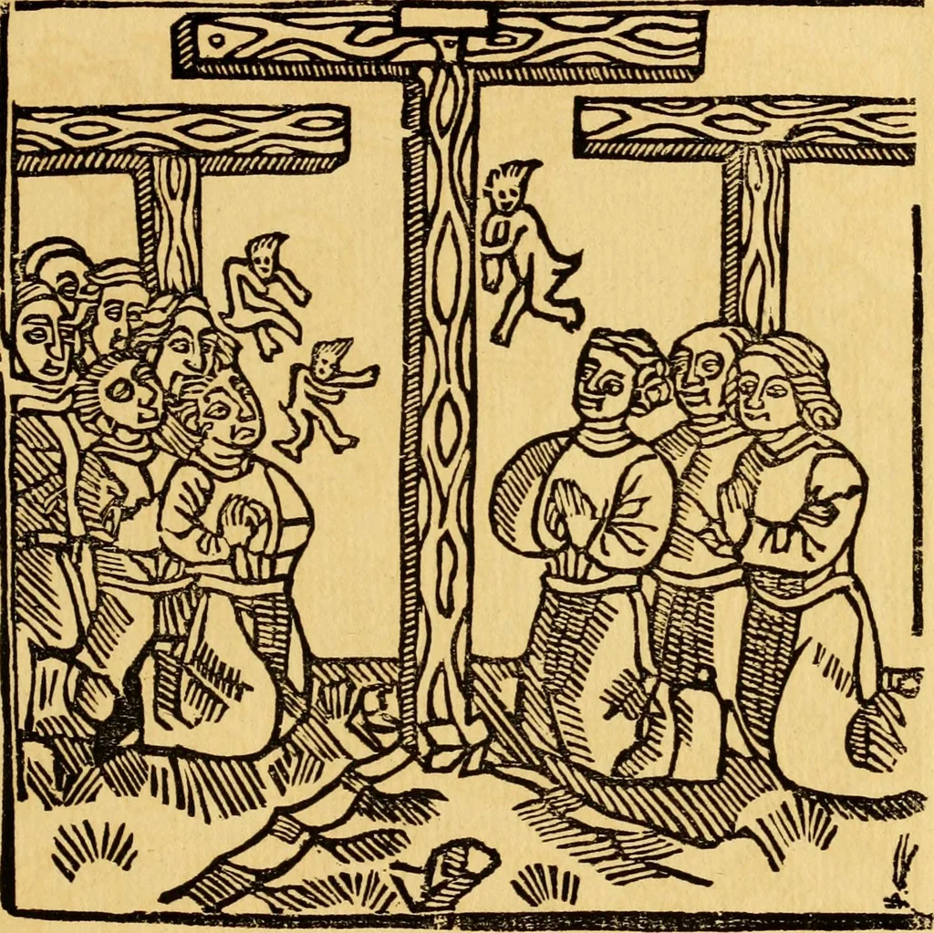 An illustration from The legendary history of the cross : a series of sixty-four woodcuts from a Dutch book published by Veldener, A.D. 1483 ; with an introduction written and illustrated by John Ashton ; preface by S. Baring Gould, 1887, leaf 158