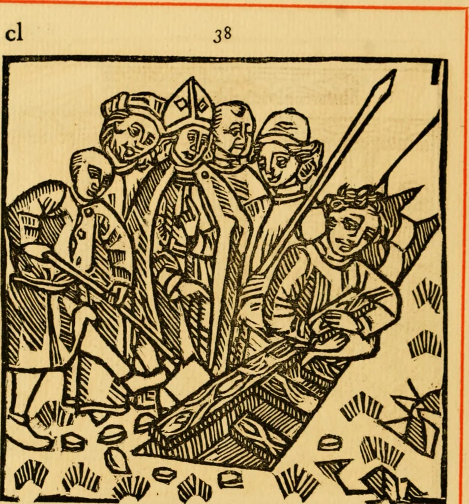 An illustration from The legendary history of the cross : a series of sixty-four woodcuts from a Dutch book published by Veldener, A.D. 1483 ; with an introduction written and illustrated by John Ashton ; preface by S. Baring Gould, 1887, leaf 159