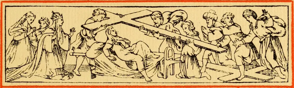 An illustration from The legendary history of the cross : a series of sixty-four woodcuts from a Dutch book published by Veldener, A.D. 1483 ; with an introduction written and illustrated by John Ashton ; preface by S. Baring Gould, 1887, leaf 16