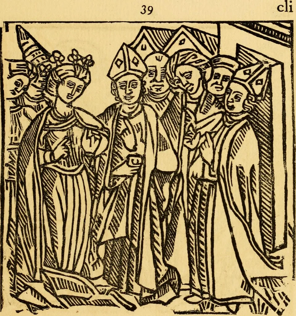 An illustration from The legendary history of the cross : a series of sixty-four woodcuts from a Dutch book published by Veldener, A.D. 1483 ; with an introduction written and illustrated by John Ashton ; preface by S. Baring Gould, 1887, leaf 160