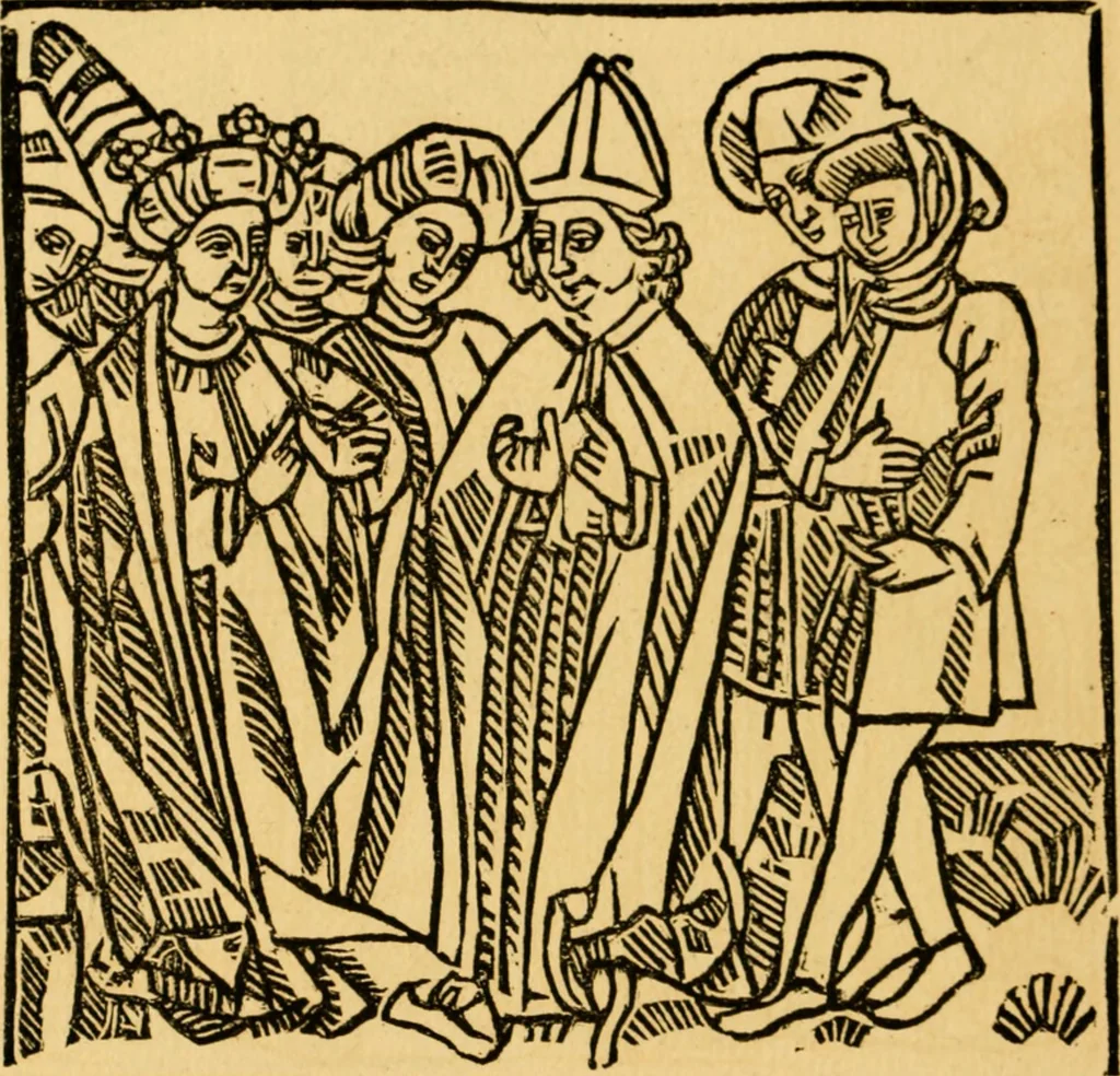 An illustration from The legendary history of the cross : a series of sixty-four woodcuts from a Dutch book published by Veldener, A.D. 1483 ; with an introduction written and illustrated by John Ashton ; preface by S. Baring Gould, 1887, leaf 161