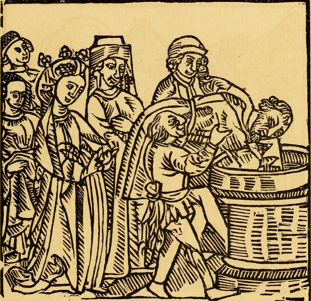 An illustration from The legendary history of the cross : a series of sixty-four woodcuts from a Dutch book published by Veldener, A.D. 1483 ; with an introduction written and illustrated by John Ashton ; preface by S. Baring Gould, 1887, leaf 162