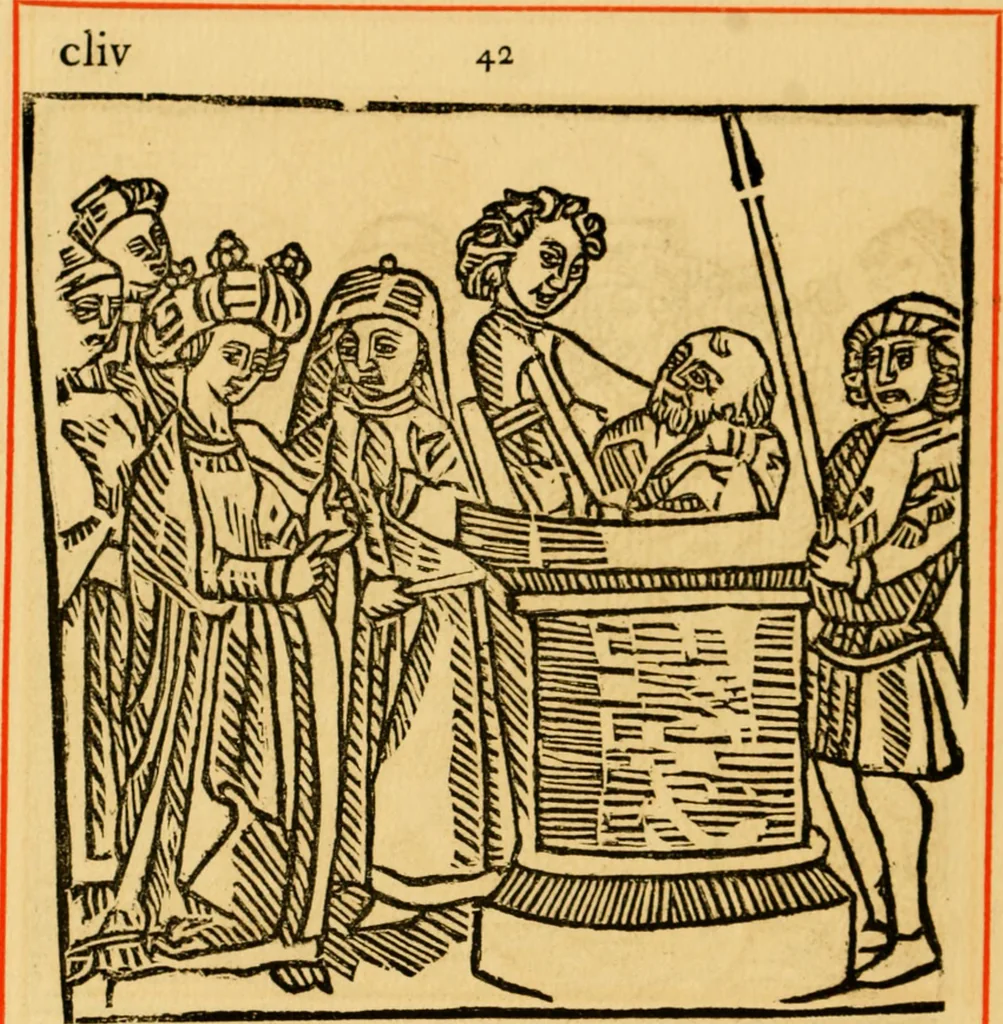 An illustration from The legendary history of the cross : a series of sixty-four woodcuts from a Dutch book published by Veldener, A.D. 1483 ; with an introduction written and illustrated by John Ashton ; preface by S. Baring Gould, 1887, leaf 163