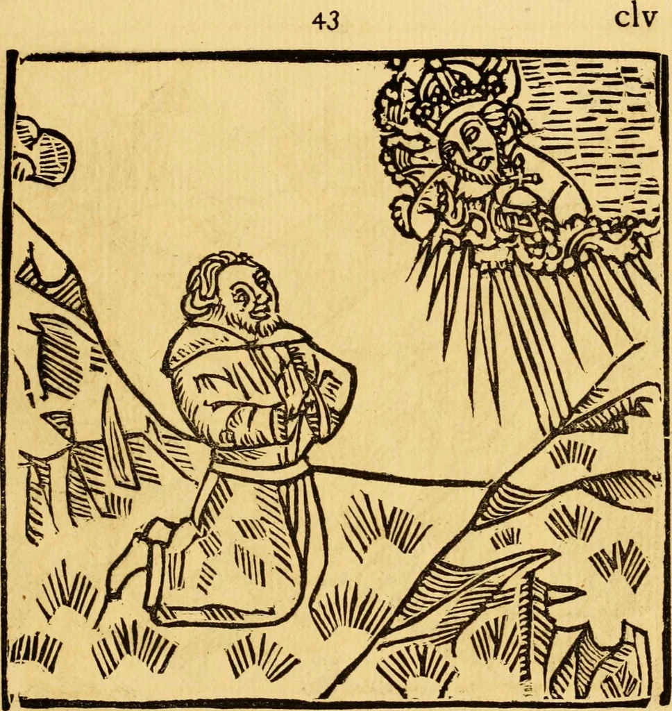An illustration from The legendary history of the cross : a series of sixty-four woodcuts from a Dutch book published by Veldener, A.D. 1483 ; with an introduction written and illustrated by John Ashton ; preface by S. Baring Gould, 1887, leaf 164