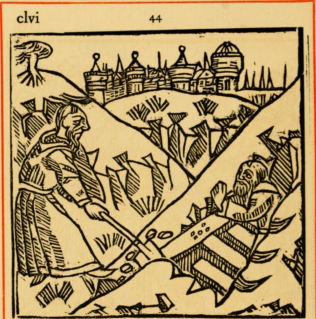 An illustration from The legendary history of the cross : a series of sixty-four woodcuts from a Dutch book published by Veldener, A.D. 1483 ; with an introduction written and illustrated by John Ashton ; preface by S. Baring Gould, 1887, leaf 165