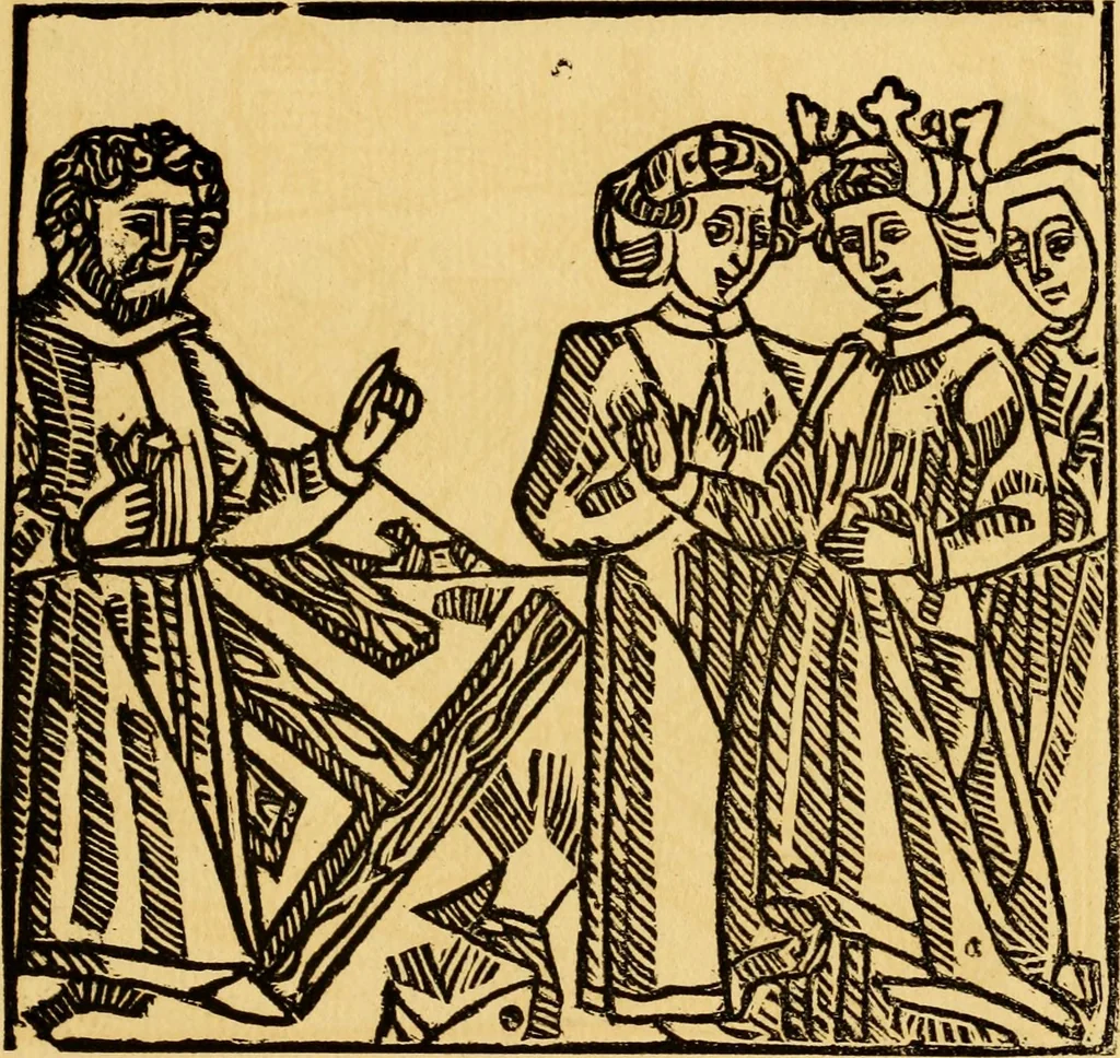 An illustration from The legendary history of the cross : a series of sixty-four woodcuts from a Dutch book published by Veldener, A.D. 1483 ; with an introduction written and illustrated by John Ashton ; preface by S. Baring Gould, 1887, leaf 166