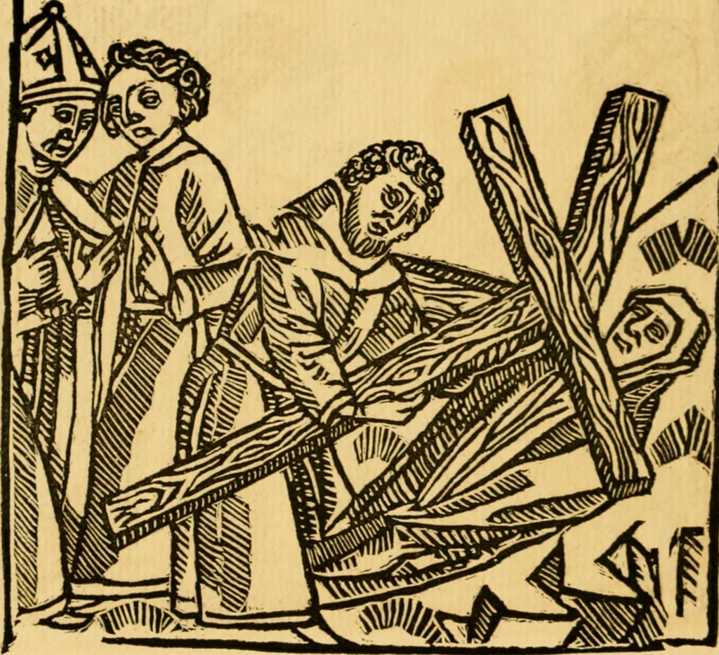 An illustration from The legendary history of the cross : a series of sixty-four woodcuts from a Dutch book published by Veldener, A.D. 1483 ; with an introduction written and illustrated by John Ashton ; preface by S. Baring Gould, 1887, leaf 167