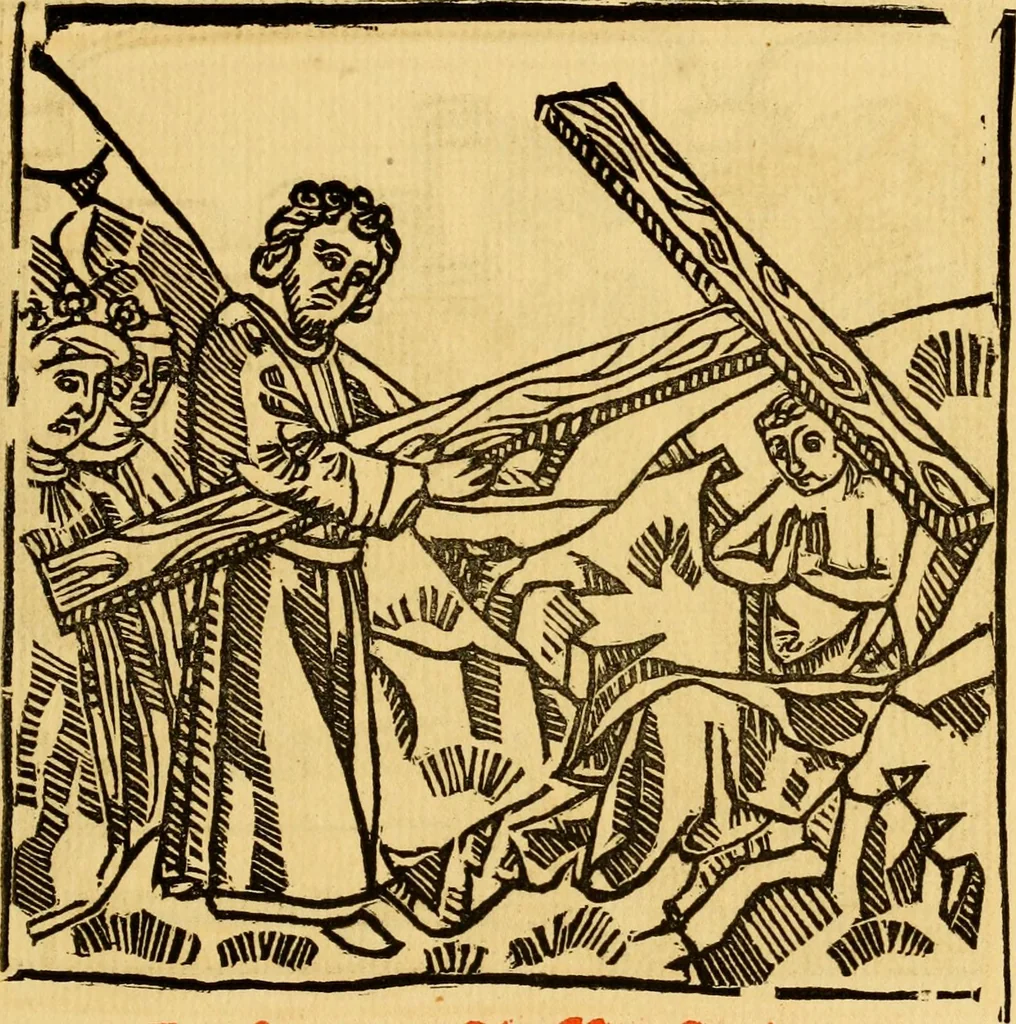 An illustration from The legendary history of the cross : a series of sixty-four woodcuts from a Dutch book published by Veldener, A.D. 1483 ; with an introduction written and illustrated by John Ashton ; preface by S. Baring Gould, 1887, leaf 168