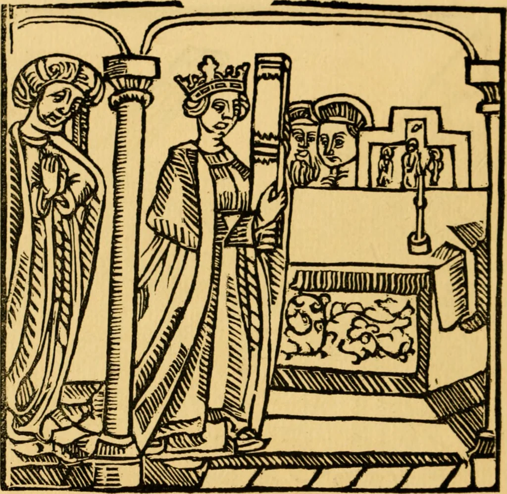An illustration from The legendary history of the cross : a series of sixty-four woodcuts from a Dutch book published by Veldener, A.D. 1483 ; with an introduction written and illustrated by John Ashton ; preface by S. Baring Gould, 1887, leaf 169