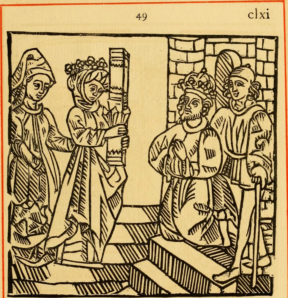 An illustration from The legendary history of the cross : a series of sixty-four woodcuts from a Dutch book published by Veldener, A.D. 1483 ; with an introduction written and illustrated by John Ashton ; preface by S. Baring Gould, 1887, leaf 170