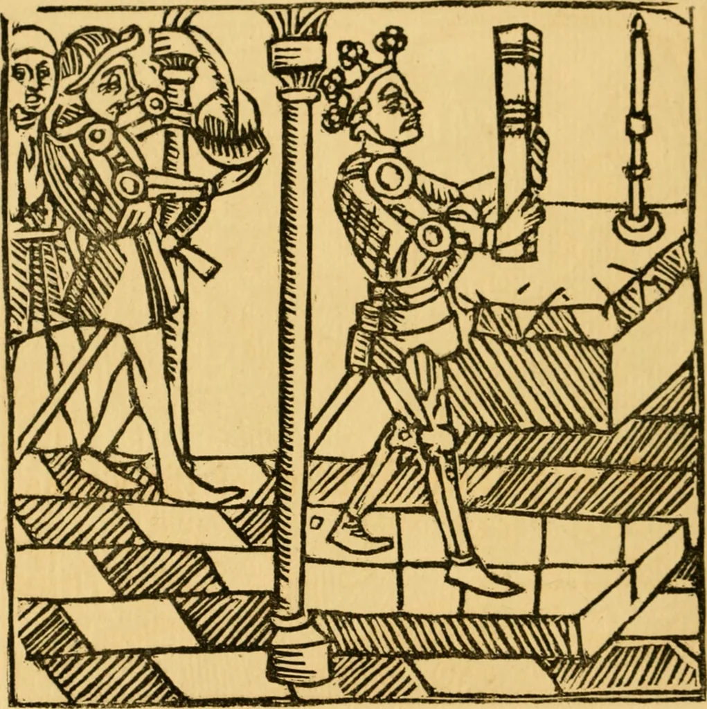 An illustration from The legendary history of the cross : a series of sixty-four woodcuts from a Dutch book published by Veldener, A.D. 1483 ; with an introduction written and illustrated by John Ashton ; preface by S. Baring Gould, 1887, leaf 171