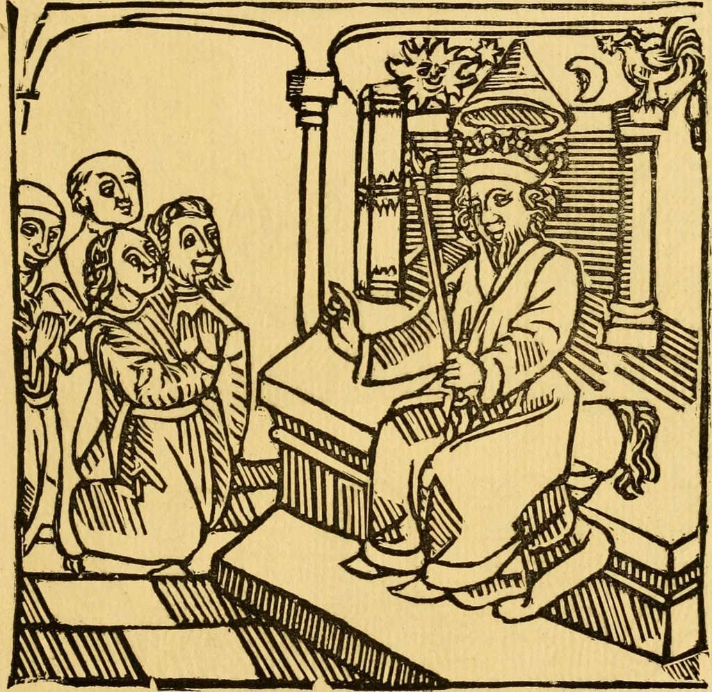 An illustration from The legendary history of the cross : a series of sixty-four woodcuts from a Dutch book published by Veldener, A.D. 1483 ; with an introduction written and illustrated by John Ashton ; preface by S. Baring Gould, 1887, leaf 172