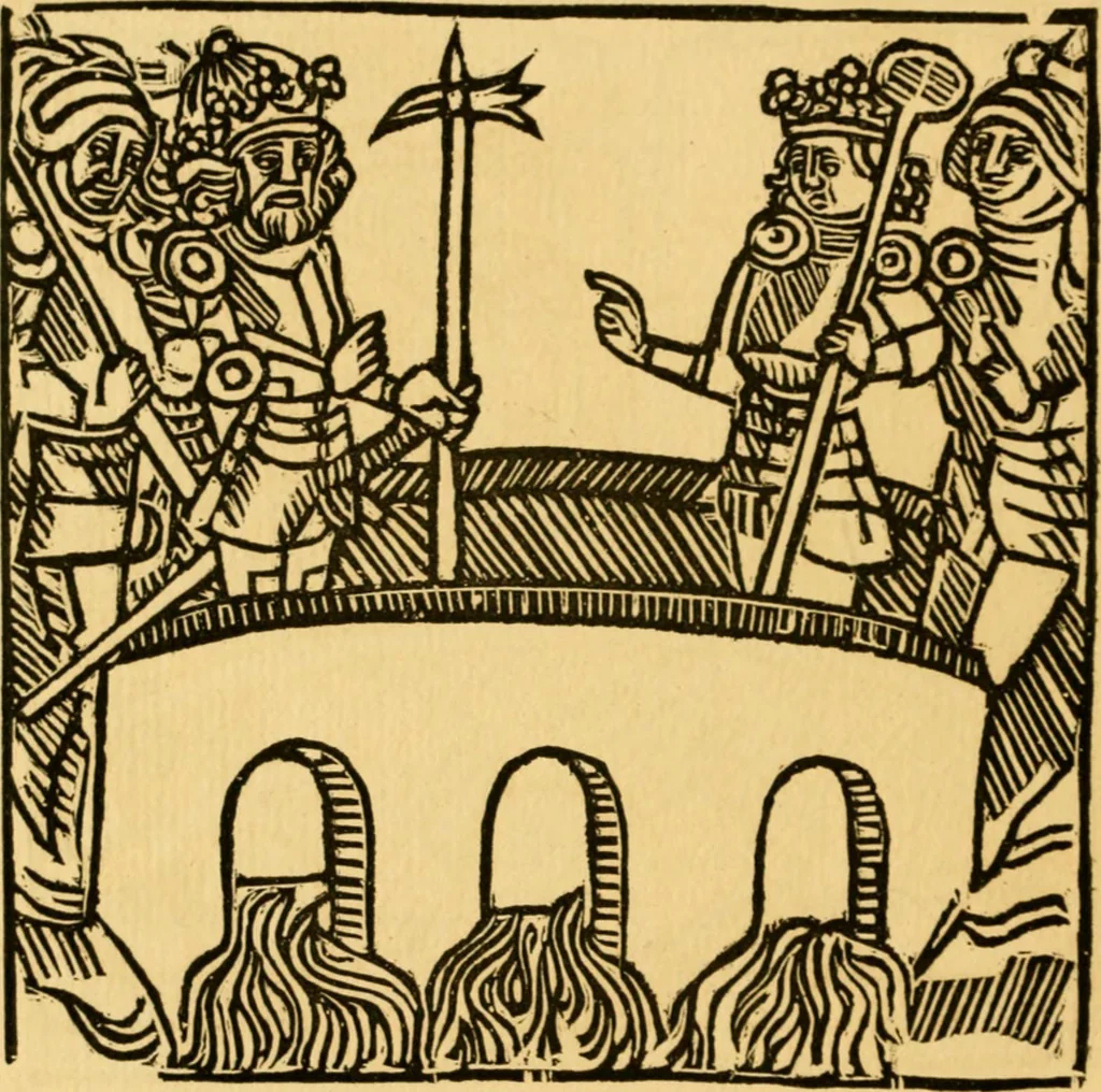 An illustration from The legendary history of the cross : a series of sixty-four woodcuts from a Dutch book published by Veldener, A.D. 1483 ; with an introduction written and illustrated by John Ashton ; preface by S. Baring Gould, 1887, leaf 173