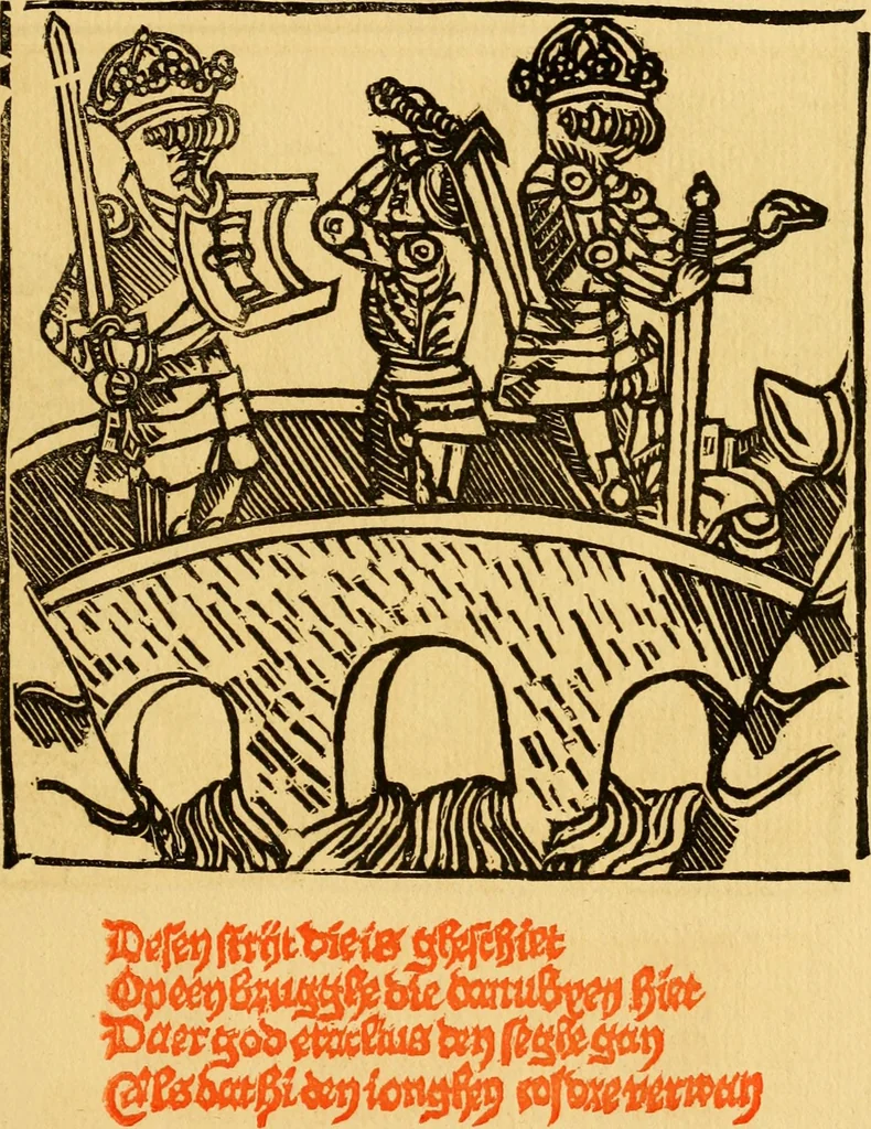 An illustration from The legendary history of the cross : a series of sixty-four woodcuts from a Dutch book published by Veldener, A.D. 1483 ; with an introduction written and illustrated by John Ashton ; preface by S. Baring Gould, 1887, leaf 174
