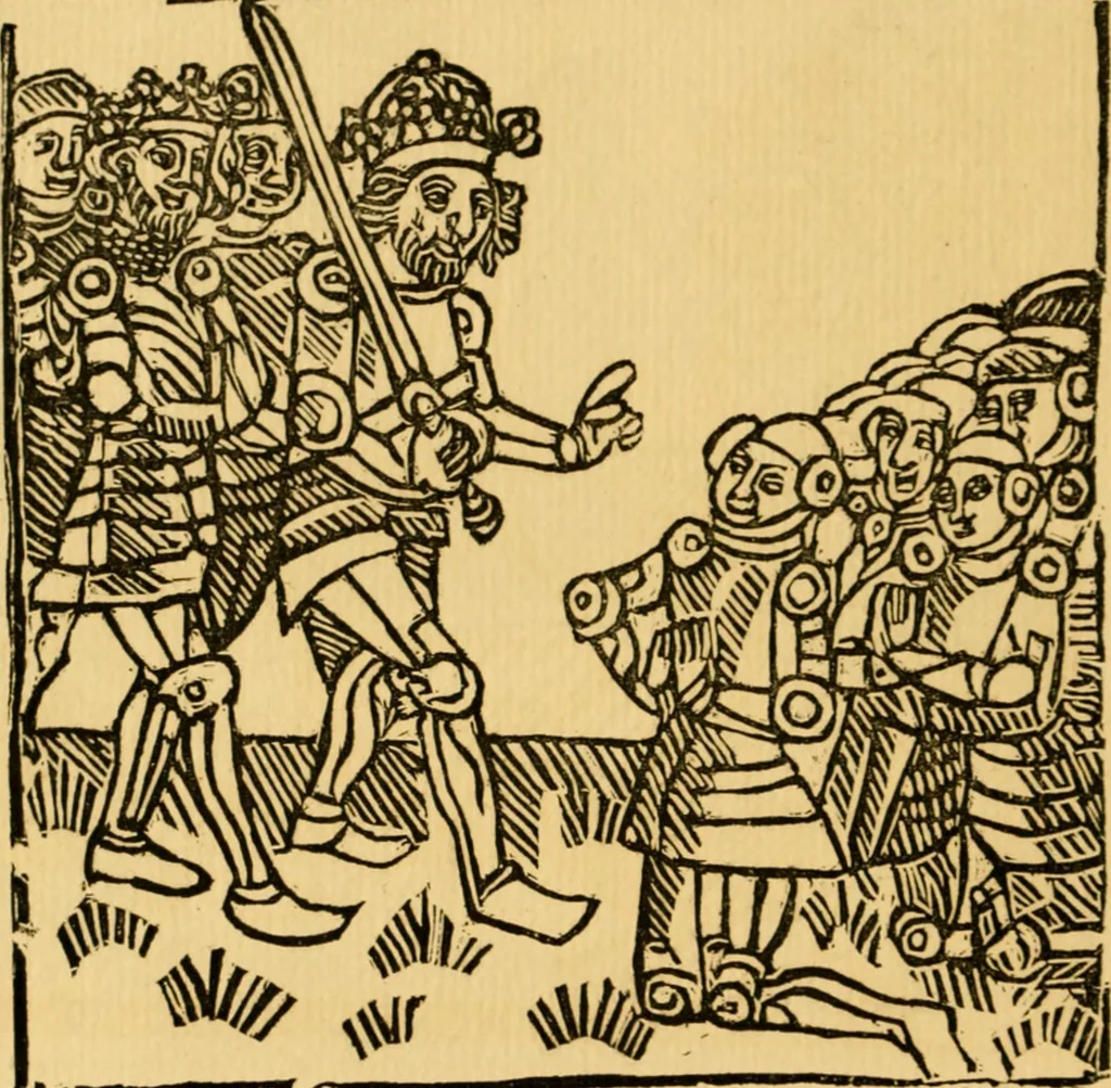 An illustration from The legendary history of the cross : a series of sixty-four woodcuts from a Dutch book published by Veldener, A.D. 1483 ; with an introduction written and illustrated by John Ashton ; preface by S. Baring Gould, 1887, leaf 175