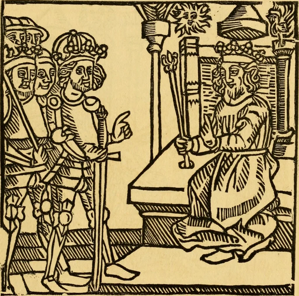 An illustration from The legendary history of the cross : a series of sixty-four woodcuts from a Dutch book published by Veldener, A.D. 1483 ; with an introduction written and illustrated by John Ashton ; preface by S. Baring Gould, 1887, leaf 176