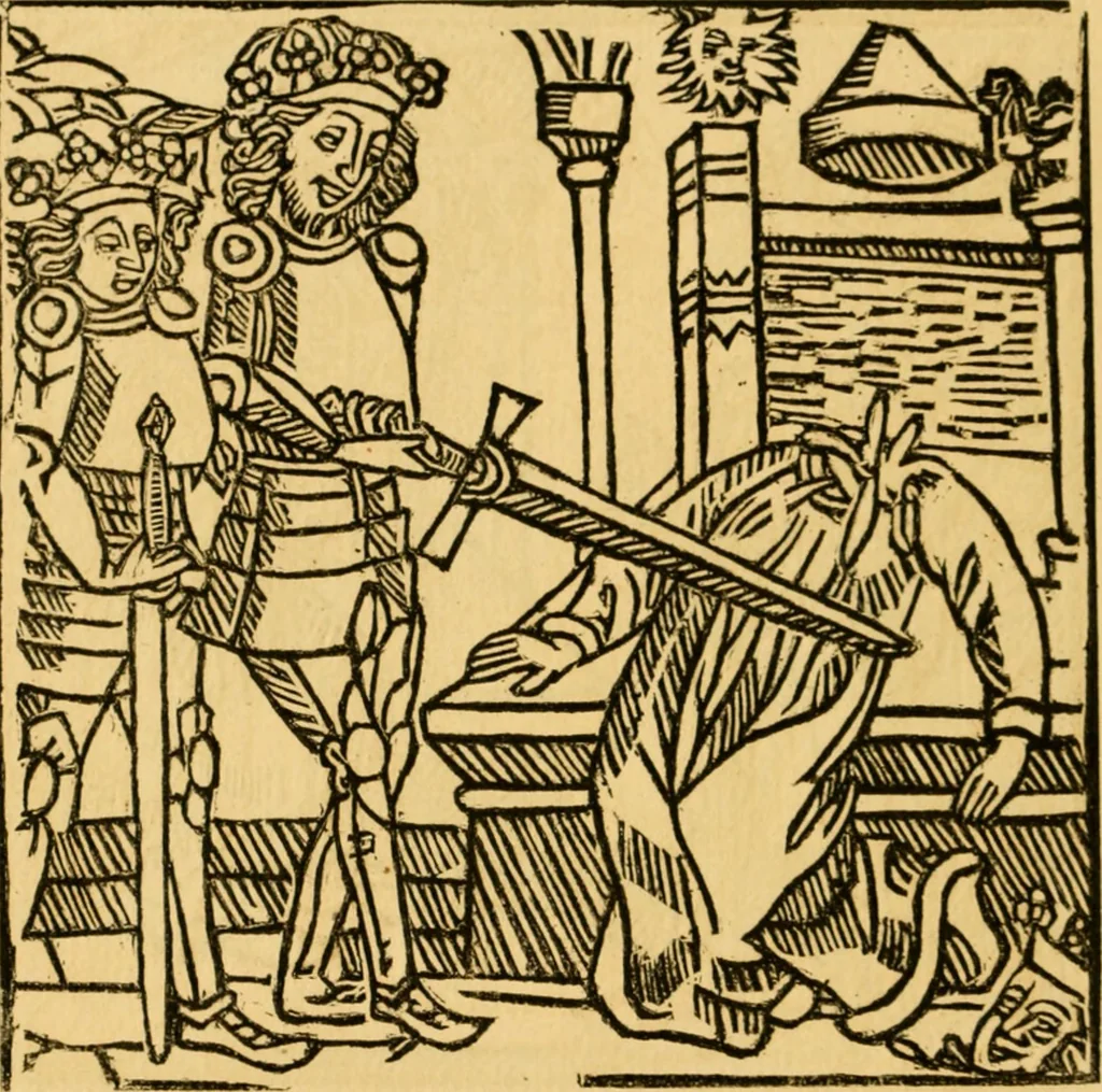 An illustration from The legendary history of the cross : a series of sixty-four woodcuts from a Dutch book published by Veldener, A.D. 1483 ; with an introduction written and illustrated by John Ashton ; preface by S. Baring Gould, 1887, leaf 177