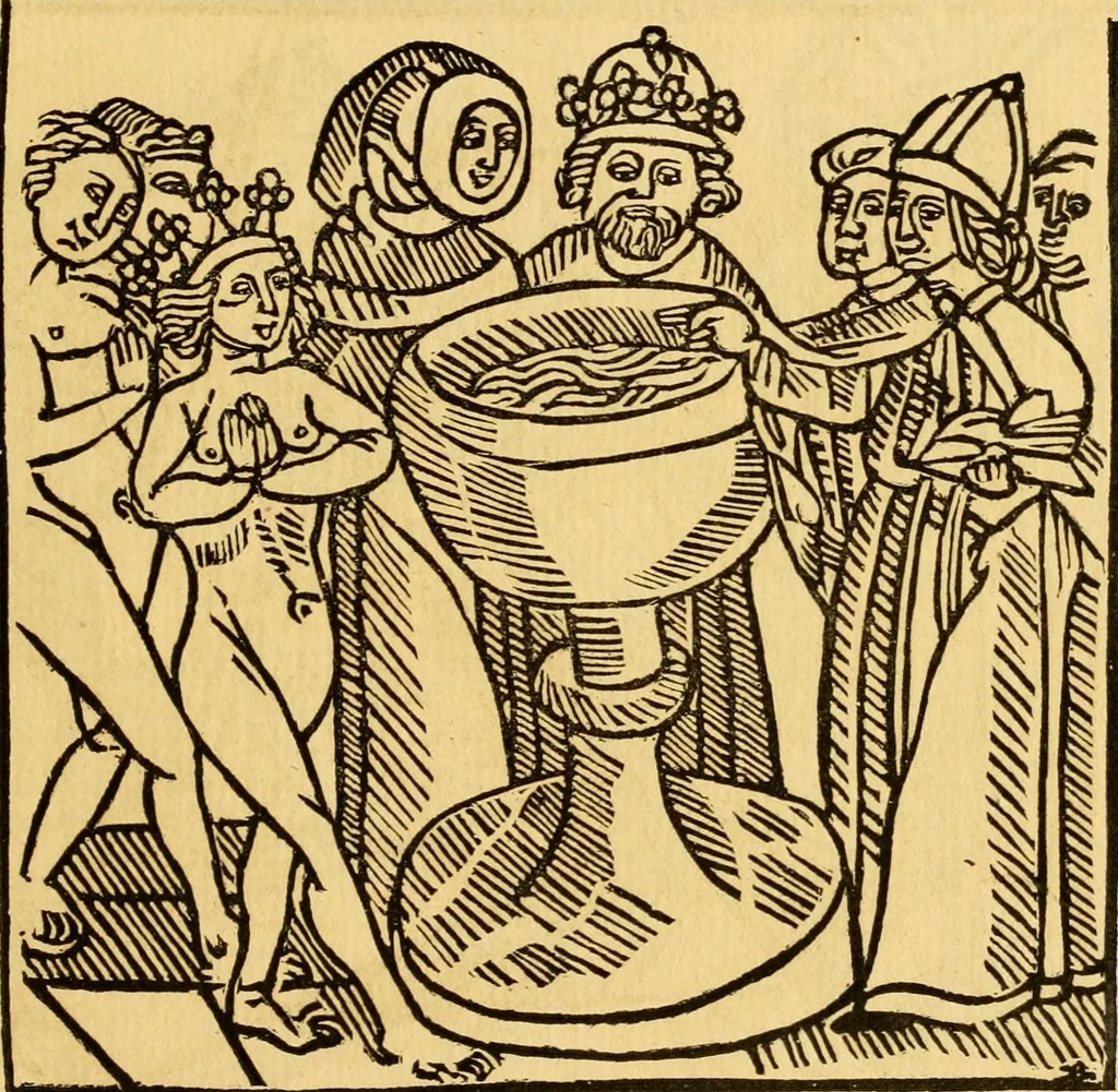 An illustration from The legendary history of the cross : a series of sixty-four woodcuts from a Dutch book published by Veldener, A.D. 1483 ; with an introduction written and illustrated by John Ashton ; preface by S. Baring Gould, 1887, leaf 178