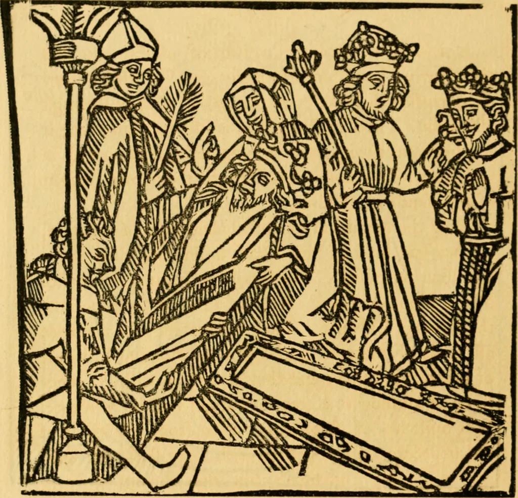 An illustration from The legendary history of the cross : a series of sixty-four woodcuts from a Dutch book published by Veldener, A.D. 1483 ; with an introduction written and illustrated by John Ashton ; preface by S. Baring Gould, 1887, leaf 179
