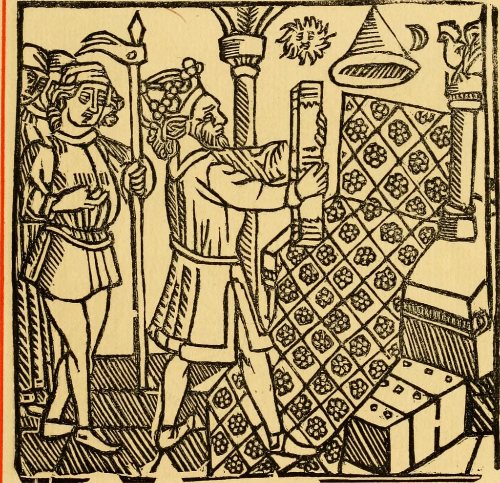 An illustration from The legendary history of the cross : a series of sixty-four woodcuts from a Dutch book published by Veldener, A.D. 1483 ; with an introduction written and illustrated by John Ashton ; preface by S. Baring Gould, 1887, leaf 180