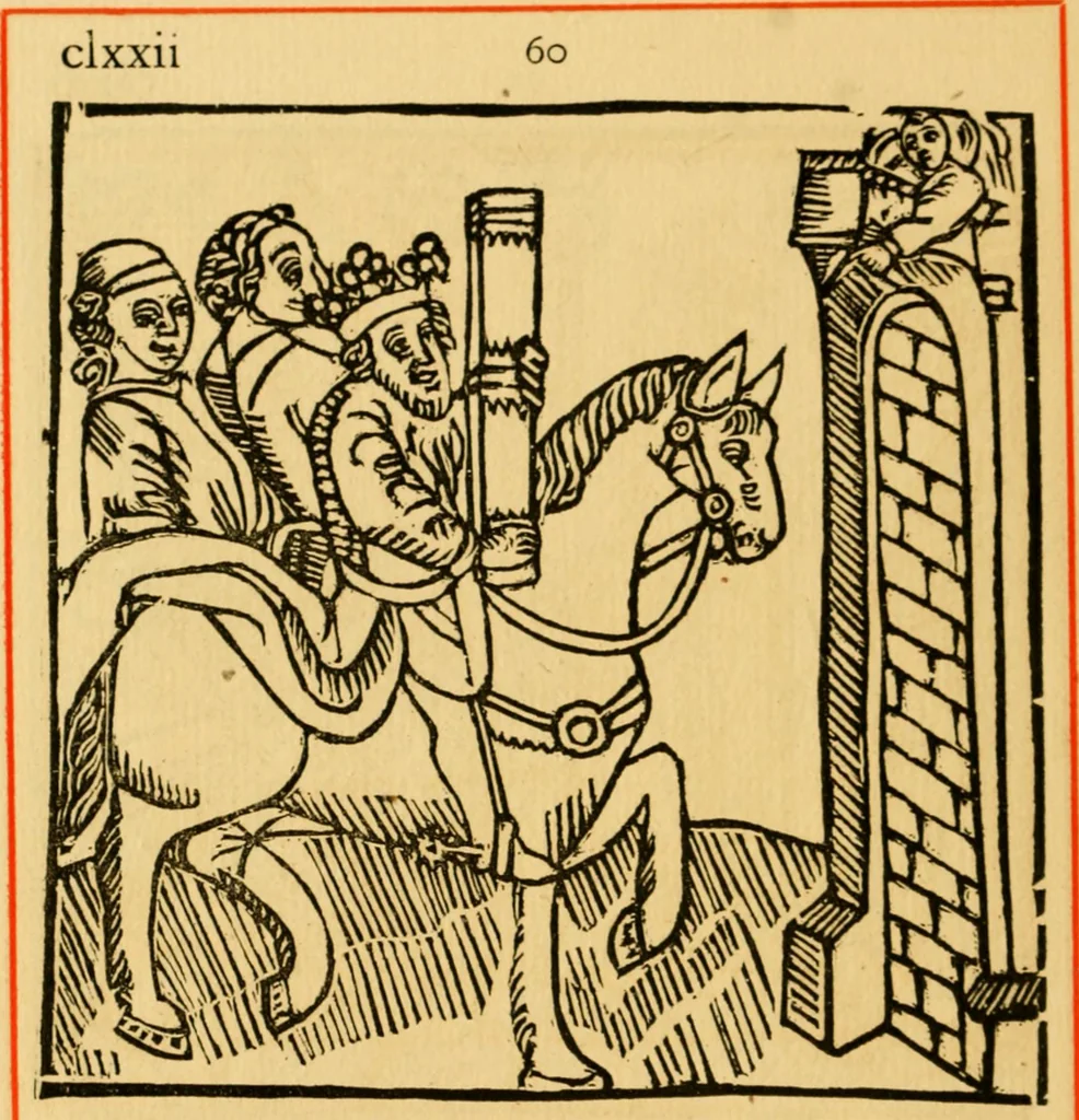 An illustration from The legendary history of the cross : a series of sixty-four woodcuts from a Dutch book published by Veldener, A.D. 1483 ; with an introduction written and illustrated by John Ashton ; preface by S. Baring Gould, 1887, leaf 181