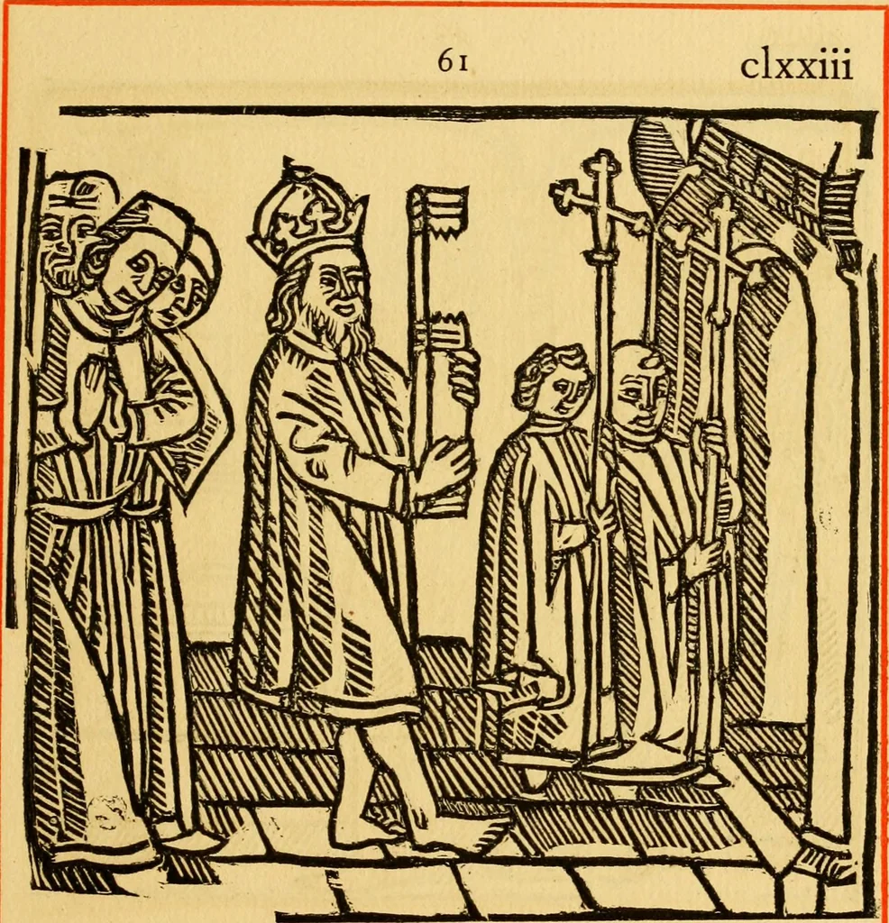 An illustration from The legendary history of the cross : a series of sixty-four woodcuts from a Dutch book published by Veldener, A.D. 1483 ; with an introduction written and illustrated by John Ashton ; preface by S. Baring Gould, 1887, leaf 182