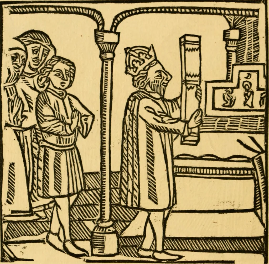 An illustration from The legendary history of the cross : a series of sixty-four woodcuts from a Dutch book published by Veldener, A.D. 1483 ; with an introduction written and illustrated by John Ashton ; preface by S. Baring Gould, 1887, leaf 183