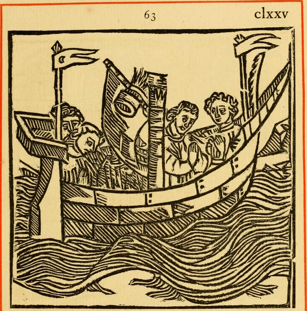 An illustration from The legendary history of the cross : a series of sixty-four woodcuts from a Dutch book published by Veldener, A.D. 1483 ; with an introduction written and illustrated by John Ashton ; preface by S. Baring Gould, 1887, leaf 184