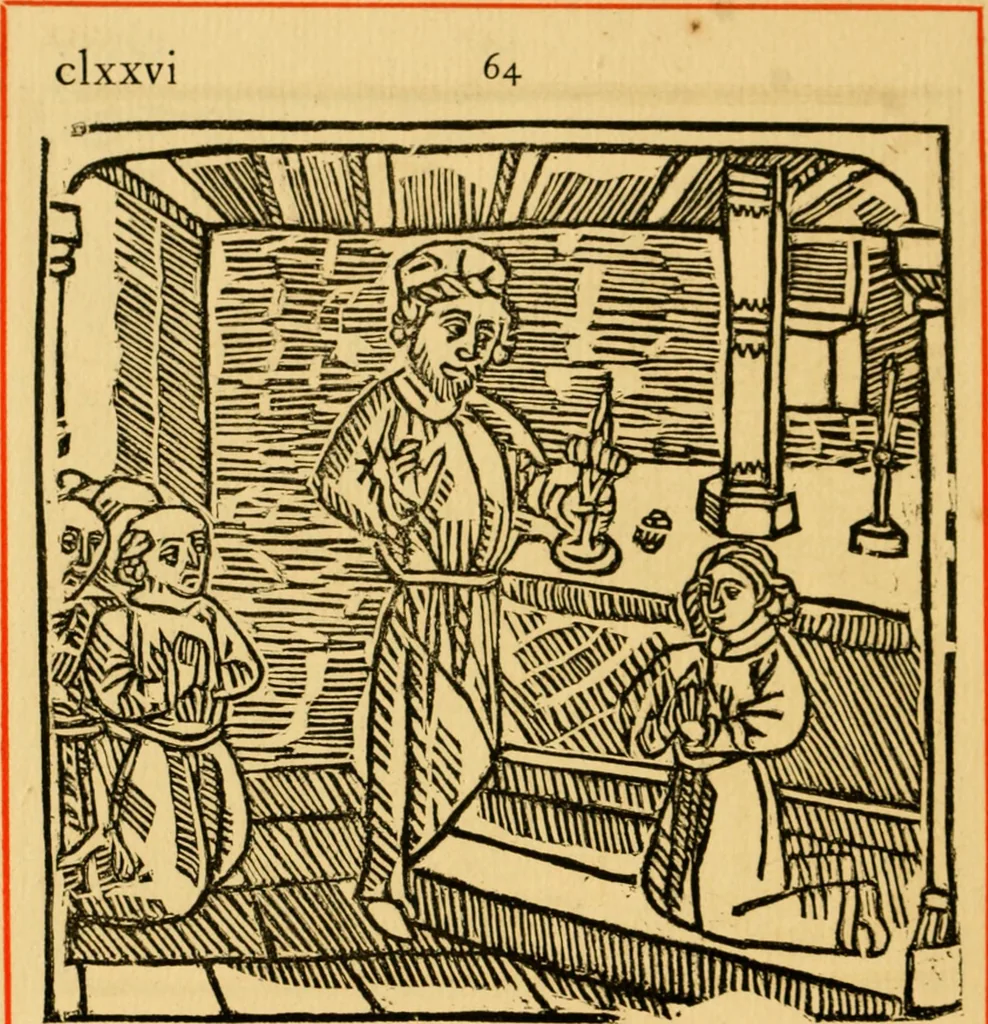 An illustration from The legendary history of the cross : a series of sixty-four woodcuts from a Dutch book published by Veldener, A.D. 1483 ; with an introduction written and illustrated by John Ashton ; preface by S. Baring Gould, 1887, leaf 185