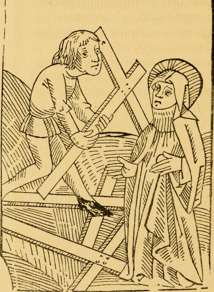 An illustration from The legendary history of the cross : a series of sixty-four woodcuts from a Dutch book published by Veldener, A.D. 1483 ; with an introduction written and illustrated by John Ashton ; preface by S. Baring Gould, 1887, leaf 27