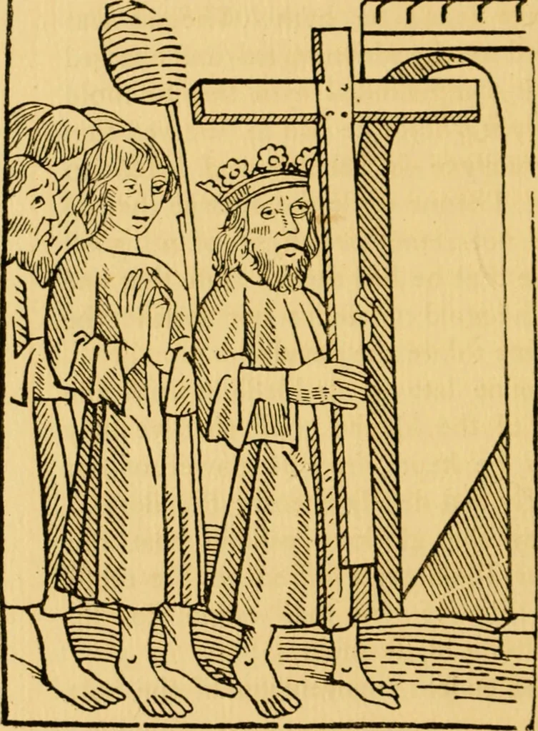 An illustration from The legendary history of the cross : a series of sixty-four woodcuts from a Dutch book published by Veldener, A.D. 1483 ; with an introduction written and illustrated by John Ashton ; preface by S. Baring Gould, 1887, leaf 47