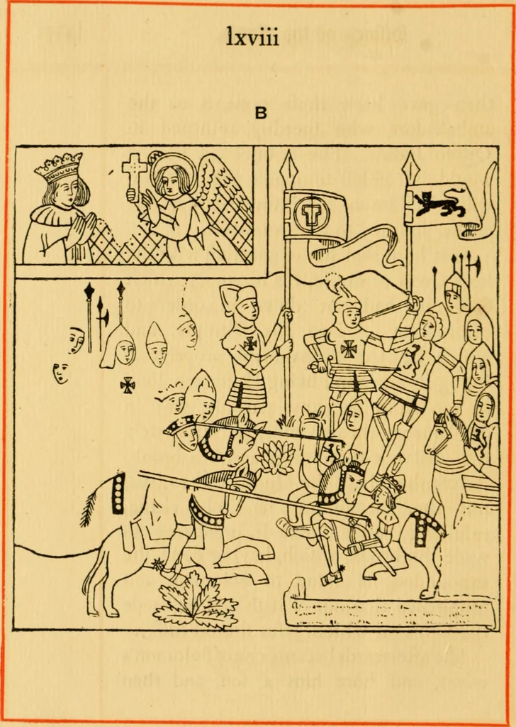 An illustration from The legendary history of the cross : a series of sixty-four woodcuts from a Dutch book published by Veldener, A.D. 1483 ; with an introduction written and illustrated by John Ashton ; preface by S. Baring Gould, 1887, leaf 75