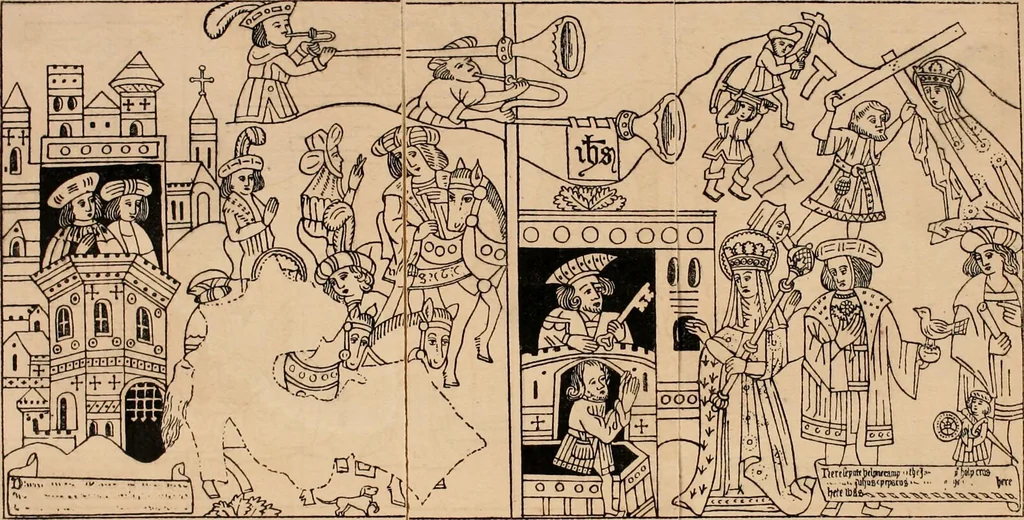 An illustration from The legendary history of the cross : a series of sixty-four woodcuts from a Dutch book published by Veldener, A.D. 1483 ; with an introduction written and illustrated by John Ashton ; preface by S. Baring Gould, 1887, leaf 79