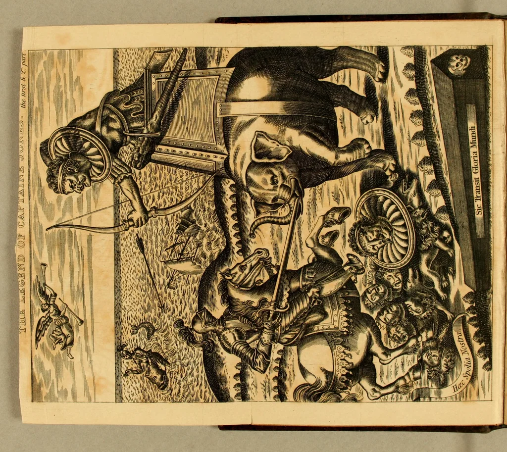 An illustration from The legend of Captain Jones: : the first and second part. Relating his adventure to sea: his first landing, and strange combat with a mighty bear. His furious battel with his six and thirty men against the army of eleven kings, with their overthrow and deaths. His relieving of Kemper castle. His strange and admirable sea-fight with six huge gallies of Spain, and nine thousand souldiers. His being taken prisoner, and hard usage. His being set at liberty by the kings command, and return for England. Also, his other incredible adventures and atchievements by sea and land; continued to his death, 1671, leaf 6