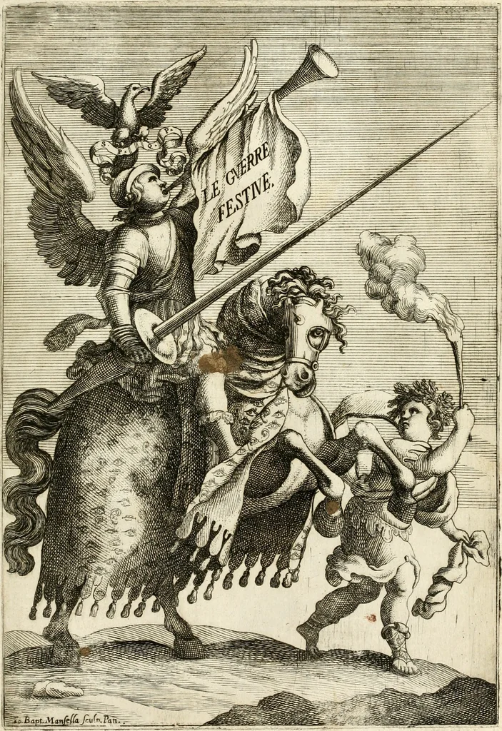 An illustration from Le guerre festiue delle reali nozze de' serenissimi e cattolici re di Spagna Carlo secondo e Maria Luisa di Borbone : celebrate nella felice e fedelissima città di Palermo, dall' Illustrissimo Senato della medesima citta ... nell'anno M.DC.LXXX, 1680, leaf 4
