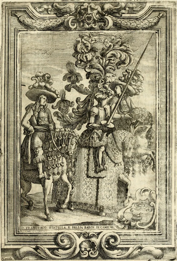 An illustration from Le guerre festiue delle reali nozze de' serenissimi e cattolici re di Spagna Carlo secondo e Maria Luisa di Borbone : celebrate nella felice e fedelissima città di Palermo, dall' Illustrissimo Senato della medesima citta ... nell'anno M.DC.LXXX, 1680, leaf 48