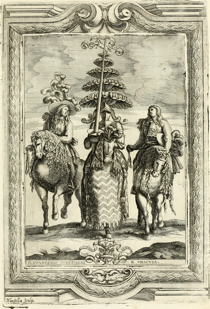 An illustration from Le guerre festiue delle reali nozze de' serenissimi e cattolici re di Spagna Carlo secondo e Maria Luisa di Borbone : celebrate nella felice e fedelissima città di Palermo, dall' Illustrissimo Senato della medesima citta ... nell'anno M.DC.LXXX, 1680, leaf 52