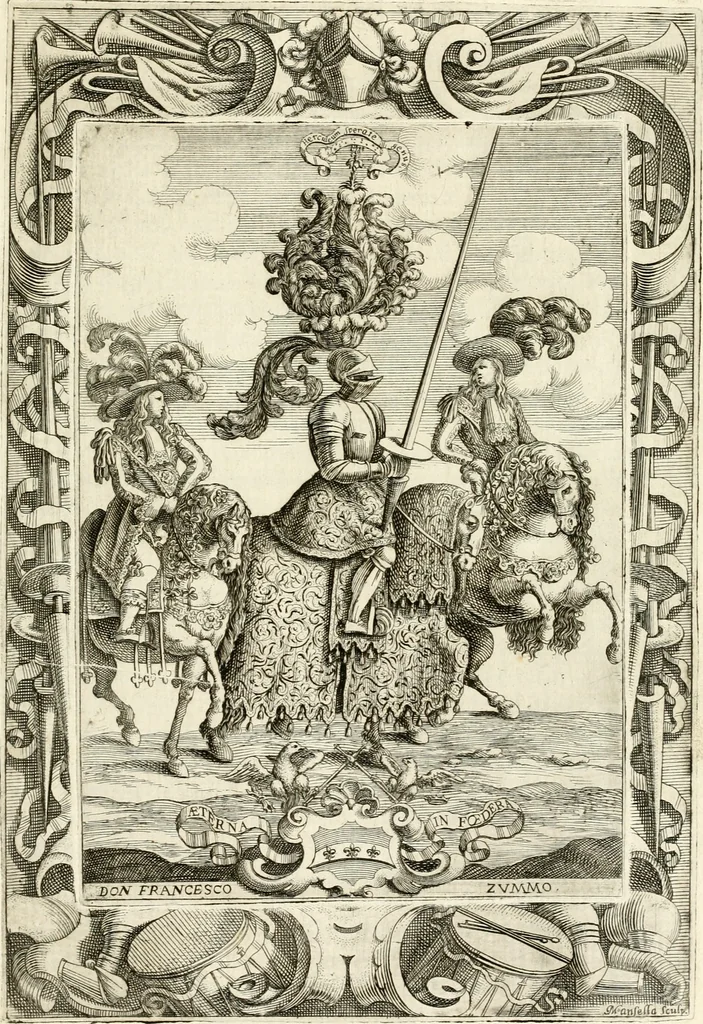 An illustration from Le guerre festiue delle reali nozze de' serenissimi e cattolici re di Spagna Carlo secondo e Maria Luisa di Borbone : celebrate nella felice e fedelissima città di Palermo, dall' Illustrissimo Senato della medesima citta ... nell'anno M.DC.LXXX, 1680, leaf 74