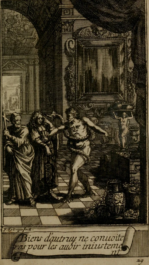 An illustration from Le guide fidele de la vraie gloire : presenté à monseigneur le duc de Bourgogne, instruisant ce jeune prince des choses qu'il doit croire, demander, pratiquer, frequenter, et eviter pour être roy pendant tous les siecles ..., 1688, leaf 108