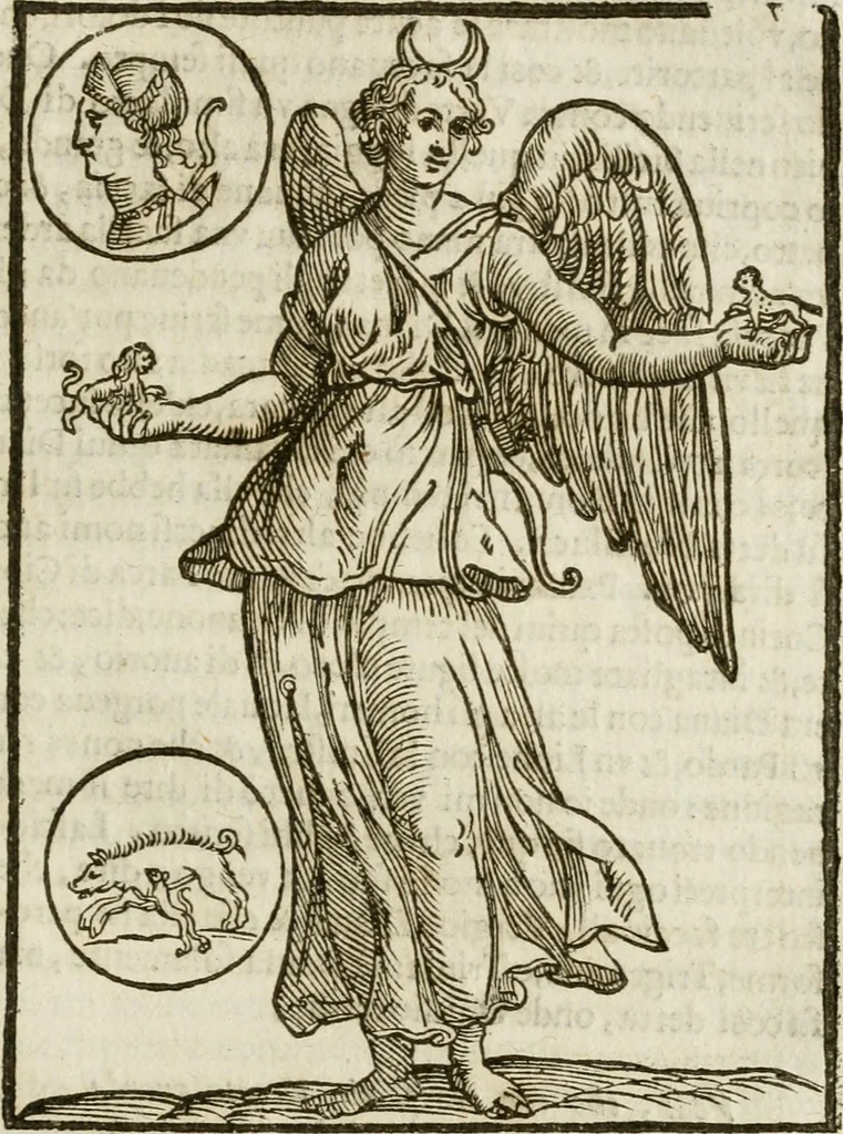 An illustration from Le imagini de gli dei de gli antichi : nelle quali sono descritte la religione de gli antichi li idoli, riti, & ceremonie loro, con l'aggiunta di molte principali imagini che nell'altre mancauano, et con l'espositione in epilogo di ciasceduna & suo significato, 1624, leaf 108
