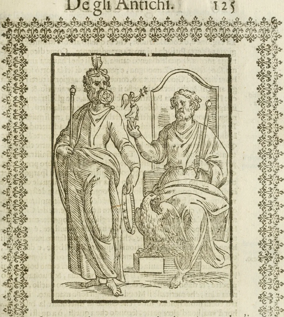 An illustration from Le imagini de gli dei de gli antichi : nelle quali sono descritte la religione de gli antichi li idoli, riti, & ceremonie loro, con l'aggiunta di molte principali imagini che nell'altre mancauano, et con l'espositione in epilogo di ciasceduna & suo significato, 1624, leaf 138