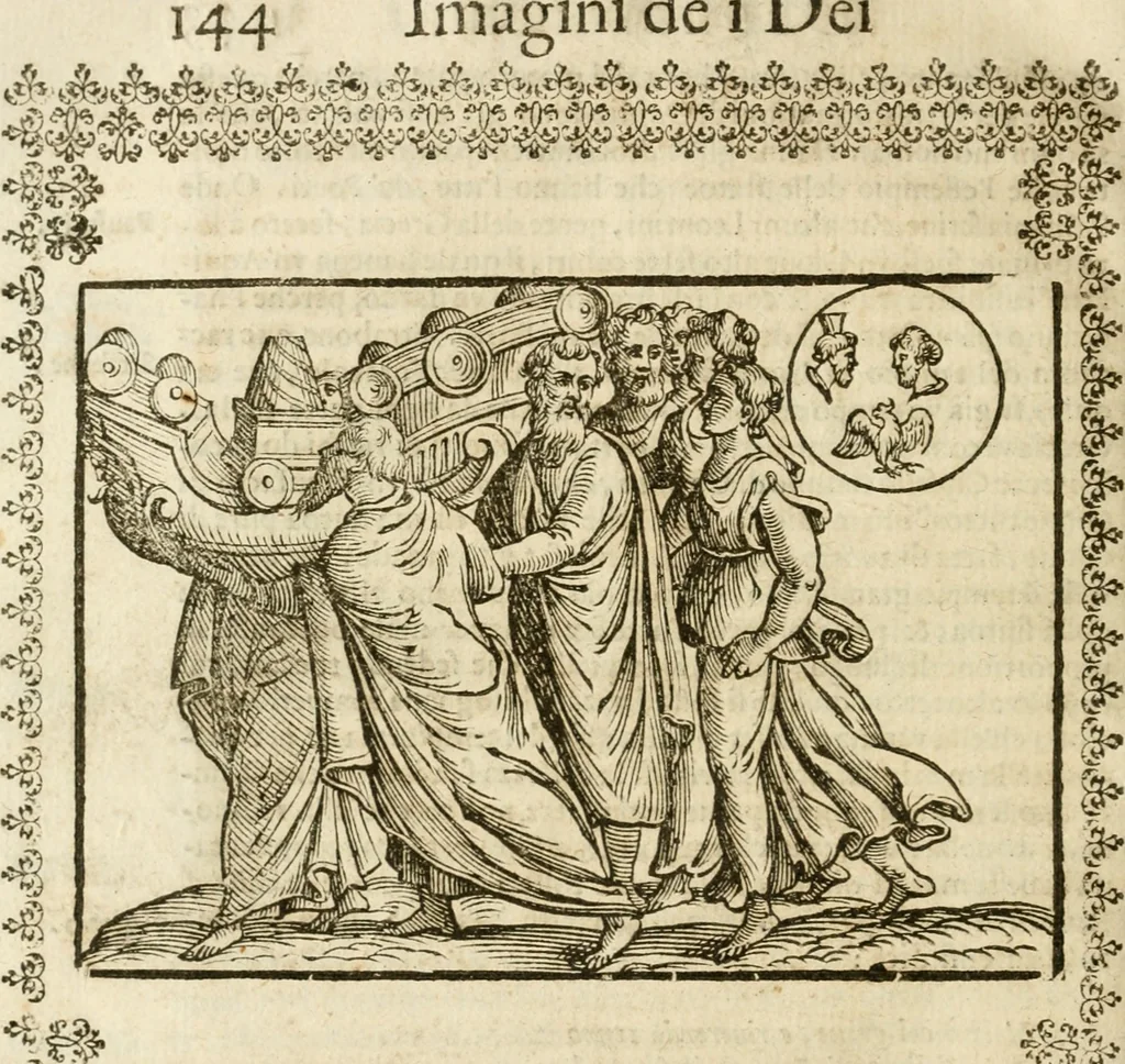 An illustration from Le imagini de gli dei de gli antichi : nelle quali sono descritte la religione de gli antichi li idoli, riti, & ceremonie loro, con l'aggiunta di molte principali imagini che nell'altre mancauano, et con l'espositione in epilogo di ciasceduna & suo significato, 1624, leaf 157