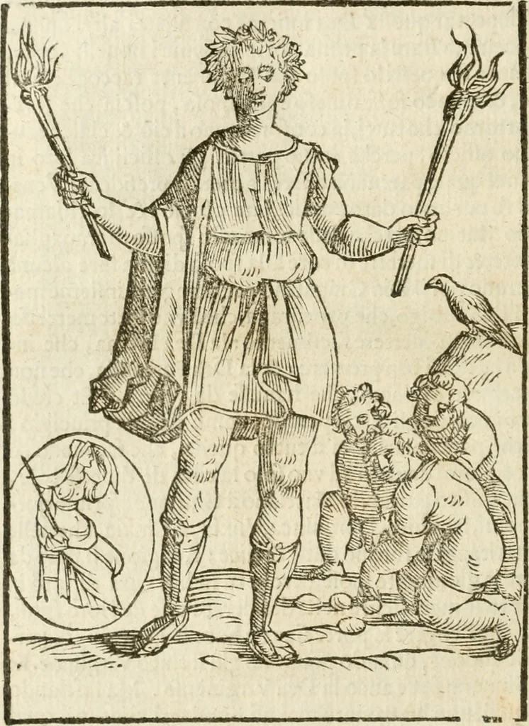 An illustration from Le imagini de gli dei de gli antichi : nelle quali sono descritte la religione de gli antichi li idoli, riti, & ceremonie loro, con l'aggiunta di molte principali imagini che nell'altre mancauano, et con l'espositione in epilogo di ciasceduna & suo significato, 1624, leaf 183
