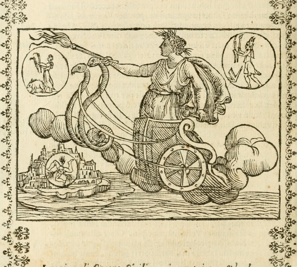 An illustration from Le imagini de gli dei de gli antichi : nelle quali sono descritte la religione de gli antichi li idoli, riti, & ceremonie loro, con l'aggiunta di molte principali imagini che nell'altre mancauano, et con l'espositione in epilogo di ciasceduna & suo significato, 1624, leaf 201
