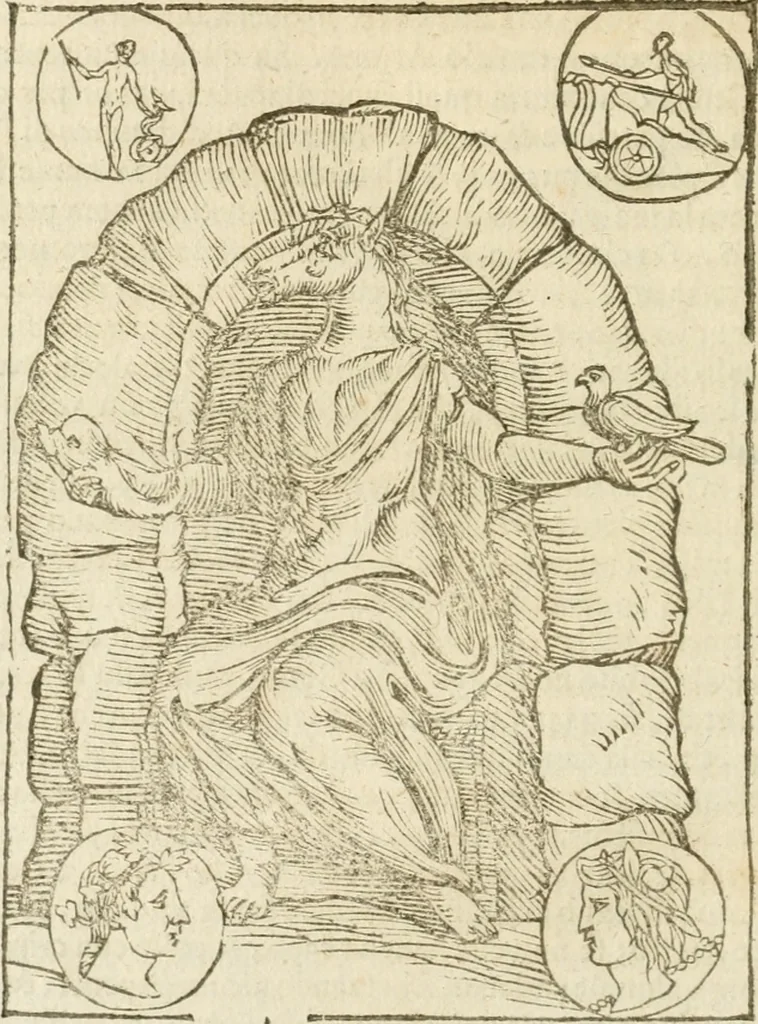 An illustration from Le imagini de gli dei de gli antichi : nelle quali sono descritte la religione de gli antichi li idoli, riti, & ceremonie loro, con l'aggiunta di molte principali imagini che nell'altre mancauano, et con l'espositione in epilogo di ciasceduna & suo significato, 1624, leaf 207