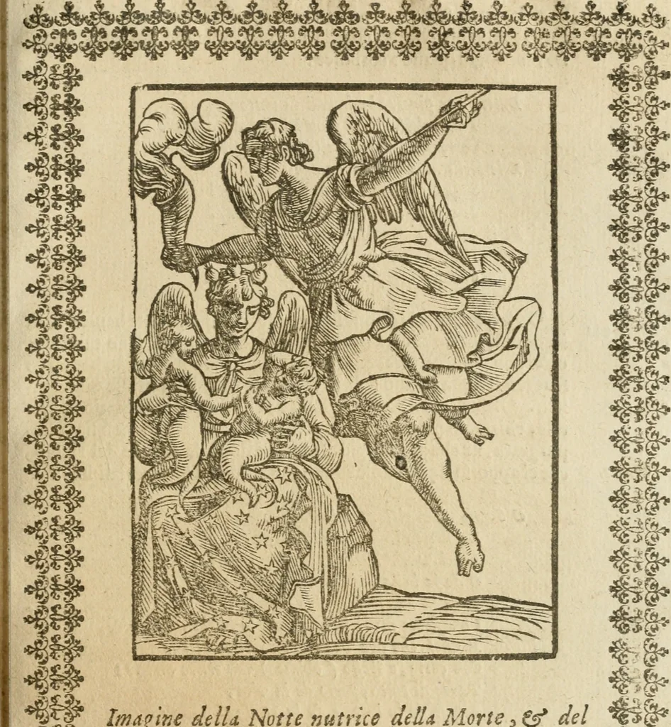 An illustration from Le imagini de gli dei de gli antichi : nelle quali sono descritte la religione de gli antichi li idoli, riti, & ceremonie loro, con l'aggiunta di molte principali imagini che nell'altre mancauano, et con l'espositione in epilogo di ciasceduna & suo significato, 1624, leaf 288