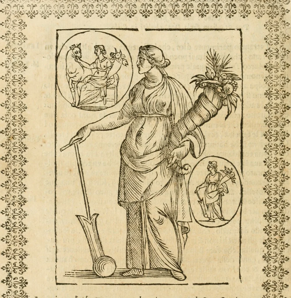 An illustration from Le imagini de gli dei de gli antichi : nelle quali sono descritte la religione de gli antichi li idoli, riti, & ceremonie loro, con l'aggiunta di molte principali imagini che nell'altre mancauano, et con l'espositione in epilogo di ciasceduna & suo significato, 1624, leaf 387